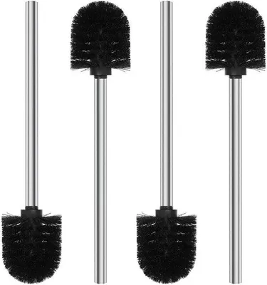 Immagine prodotto di Set di 4 scopini da bagno con manico in acciaio inossidabile | Lunghezza 7,5 cm | Con testina sostituibile (nera)