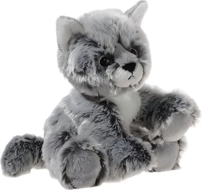 A plush toy cat sitting on a white background.