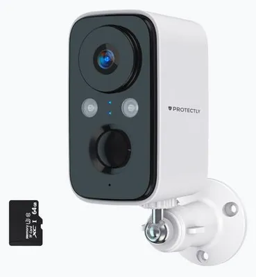 Produktbild von Protectly® 2K Überwachungskamera kabellos – Akku WLAN Kamera außen/innen, Nachtsicht, Zwei-Wege-Audio, 64GB SD & IP66