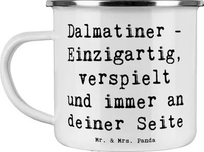 Produktbild von Mr. & Mrs. Panda Emaille Becher Spruch Dalmatiner Freund - Weiß - Geschenk, Pott, verspielter Hund, Hundeliebhaber, Teetasse, Tasse, Hundeliebe, Hunderasse, Geschichte