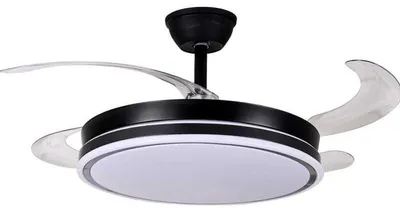 Image de Ventilateur de plafond DRW avec lumière et 4 pales rétractables, de couleur noire, dimensions : 53 x 106 x 106 cm