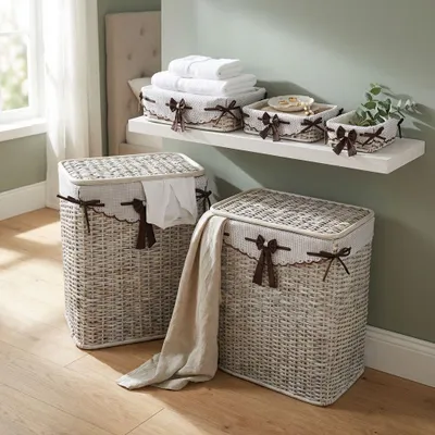 Immagine prodotto di Milani Home - set 5 cesti portabiancheria in rattan naturale intrecciato tortora, con coperchio, per bagno camera e lavanderia