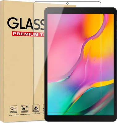 A screen protector for a Samsung Galaxy Tab A10.1 2019 is shown next to its packaging. The tablet screen displays a colorful abstract image.