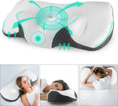 A collage of images showing an orthopedic pillow and people sleeping on it.