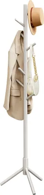 A coat rack with a jacket, handbag, and hat.