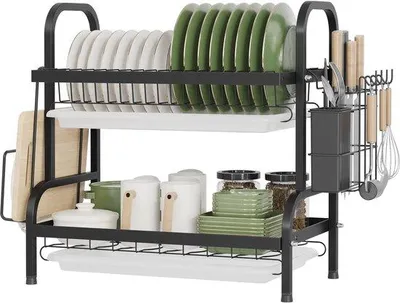 Imagen del producto de Ibenzoa® Estante de secado de 2 niveles con bandejas de recogida y soporte para cubiertos, color  – espacio adicional para platos, vasos y cubiertos