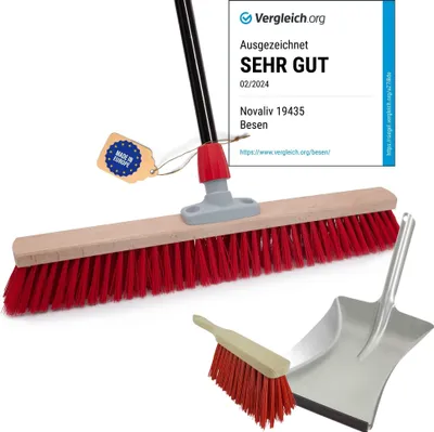 Produktbild von Novaliv Straßenbesen mit Stiel 80 cm Elaston Borsten inkl. Kehrgarnitur verzinkt bestehend aus Kehrblech und Handfeger Ideal als Gartenbesen Terassenbesen Hofbesen Stallbesen Kehrbesen Outdoor broom