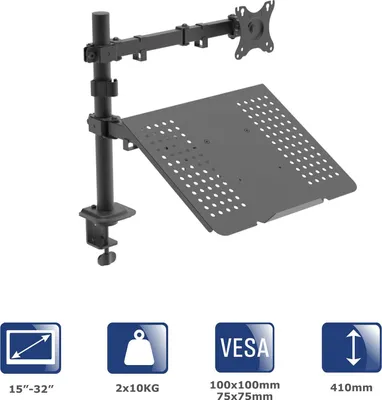 Productafbeelding van Bureauhouder voor monitor en laptop, AK-MB-04, VESA 75x75mm / 100x100mm, geschikt voor schermen van 15-32 inch