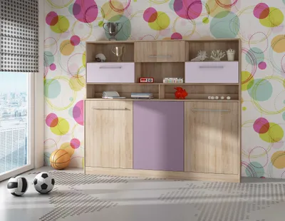 Produktbild von Nástenná posteľ Horizontálna sklápacia posteľ ROGER 90x200 cm Nástenná sklápacia posteľ, Sklápacia skriňa, Skriňa s integrovanou sklápacou posteľou, Funkčná posteľ SONOMA OAK / VIOLET (s prídavnými policami)