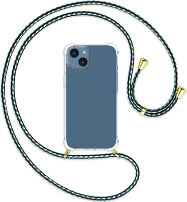 Produktbild von Handykette Backcover-Schutzhülle mit Band (Metall goldfarben) für Apple iPhone 14 (6.1'') - grün/blau/weiß