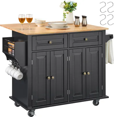 A black kitchen island cart with a wooden top, featuring drawers, cabinets, a pull-out shelf, and hooks for mugs. It is shown on a white background with some decorative items on top.