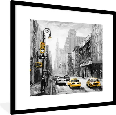 Produktbild von MuchoWow® Gerahmtes Poster Gemälde - Ölfarbe - Stadt - Auto 40x40 cm - Poster mit Schwarzem Bilderrahmen Wandposter Rahmen Foto Bilder - Poster - Plakat im Rahmen