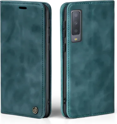A teal flip case for a Samsung Galaxy A7 2018 is shown from two angles.