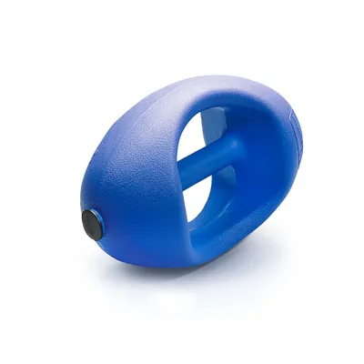 A blue exercise wheel with a black cap on a white background.