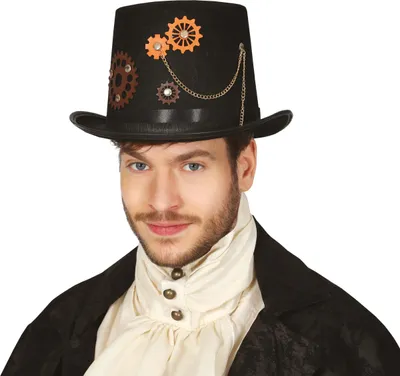 Produktbild von Steampunk Zylinder Hut Zahnrad Design Kette Karneval Verkleidung Retro Viktorianisch Accessoire Mode, Farbe: Schwarz