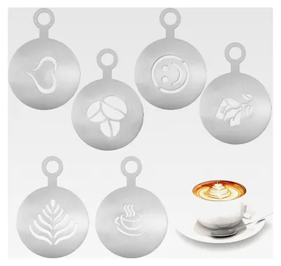 Produktbild von 6 Stück Edelstahl Kaffee Schablonen, Kaffeeschablonen für Cappuccino Kunst und Kuchendekoration