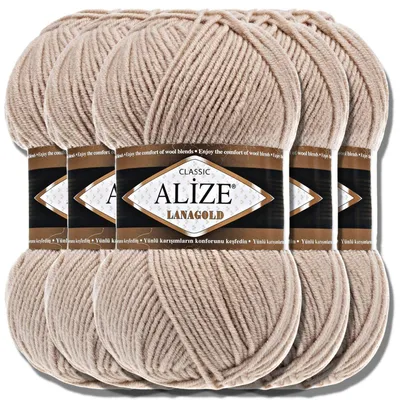 Produktbild von Alize 5x 100g Lanagold Wolle, Uni, Häkeln, Stricken (Beige | 5)