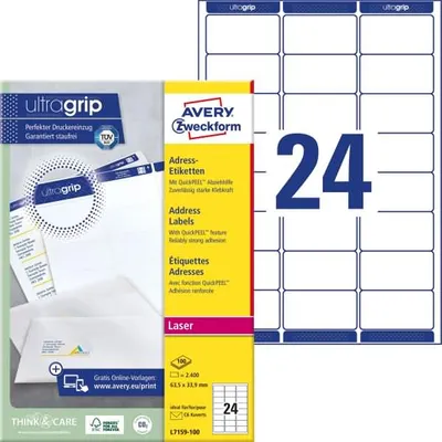 Produktbild von Avery Zweckform L7159-100 Adress-Etiketten, 63,5 x 33,9 mm, 100 Blatt/2.400 Etiketten, weiß