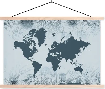 Produktbild von MuchoWow® Textilposter Weltkarte - Retro - Blumen 60x40 cm mit holzfarbenen Rahmen - Bilder