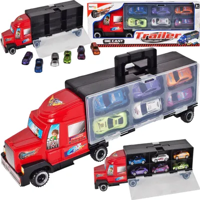 Produktbild von MalPlay Transporter Spielzeug | Transport-LKW Autotransporter mit 6 Stück Buntes Mini Autos und Helikopter | Länge 37 cm | ab 3 Jahren | Geschenk für Kinder