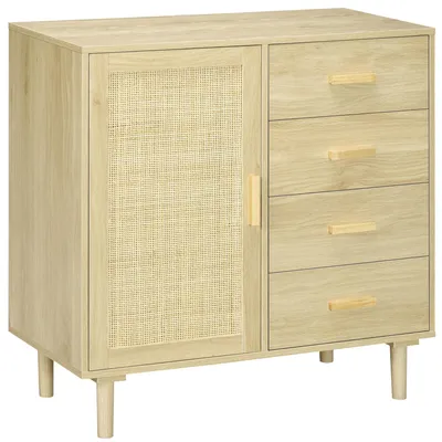Image de Buffet rotin avec placards š€ porte cannage et 4 tiroir, 80 x 38 x 80,5 cm, effet bois naturel