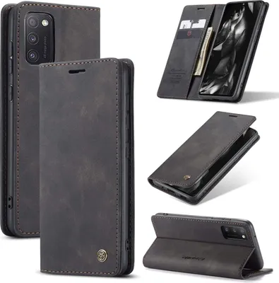 Collage of a black flip case for a Samsung Galaxy A41 phone, showing different angles and features.