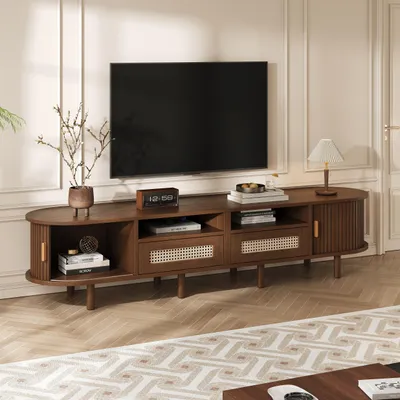 Image de OKWISH Meuble TV avec Portes Coulissantes et Tiroirs, Rangement pour Salon, MDF et Bois, 170×40×40 cm - Noyer