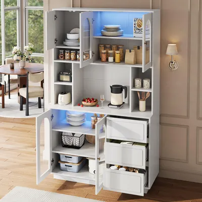 Immagine prodotto di Armadio alto Merax per la cucina, mobile contenitore con ante in acrilico ad arco, mobile bar con illuminazione a LED e controllo tramite app, vetrina con ripiano aperto in MDF, colore bianco