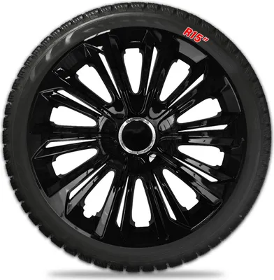 A black wheel cover with a tire, set against a white background.