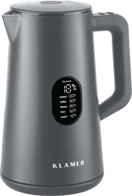 A gray electric kettle with a digital display showing temperature settings.
