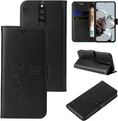 Produktbild von Handyhülle für Xiaomi Redmi 8 Floral Blumen Schmetterling Flip Cover Hülle Case Klapphülle Handytasche Farbe: Schwarz