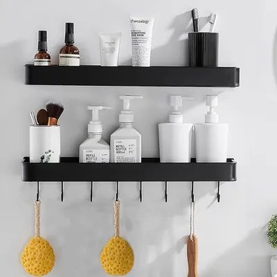 Obrázek produktu pro Sada dvou úložných polic do sprchy, bez nutnosti vrtání, rozměr 40 cm, hliník, černá barva, s 5 háčky