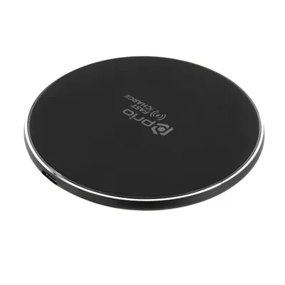 A black wireless charging pad with a silver rim, shown from a slightly elevated angle on a white background.