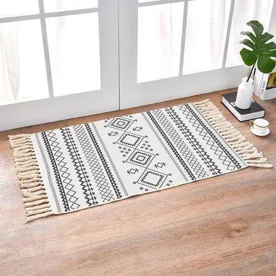 Produktbild von Kleidungstapijten aus Baumwolle mit Bürsten, gewebte Baumwolle, Haustuch für Wohnzimmer, Schlafzimmer, Küche, Eingang (60 x 90 cm, weißes Muster)