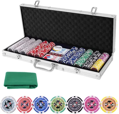 Produktbild von Pokerset mit 500 Laser Pokerchips & Aluminiumkoffer & 2 Kartendecks & 5 Würfel & 3 Dealer Button & Tischtuch, Profi Pokerspiel, Poker Set (Silber)