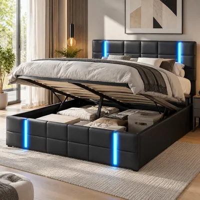 Produktbild von ProximaX Polsterbett 140x200cm mit USB, hydraulisches Boxspringbett mit LED, Lattenrost und Stauraum, Doppelbett Holzbett Jugendbett Kunstleder, Schwarz
