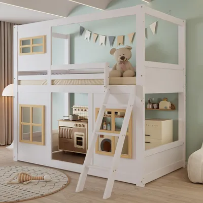 A child's bedroom featuring a white house-shaped bunk bed with a ladder, a teddy bear, and a play kitchen inside.