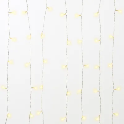 A close-up view of a string of warm white LED lights against a white background.