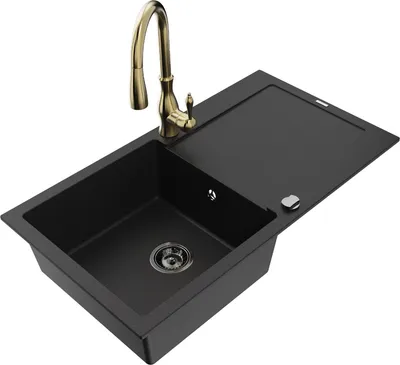 Produktbild von Mexen Leo 1 Becken-Granitspüle mit Abtropffläche und Mischbatterie Savita, Schwarz - 6501-77-672601-50-B