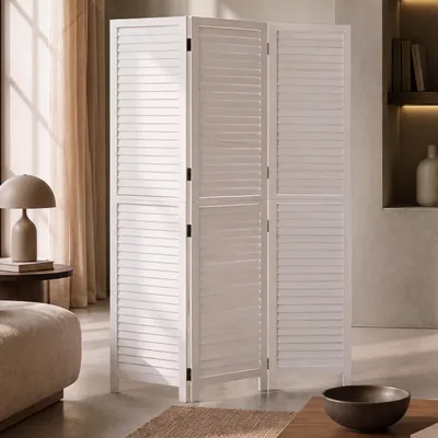 Image de Paravent HWC-C30b, séparateur de pièce, écran de protection, style vintage en bois de paulownia, 180x120 cm, finition blanche "shabby chic"