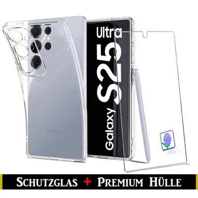 A clear phone case and screen protector are displayed next to a phone.