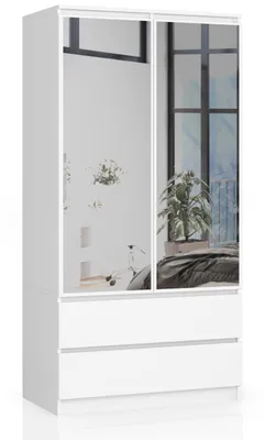 Produktbild von Kleiderschrank – Schlafzimmerschrank 2 Türen mit Kleiderstange – 90 cm – Weiß Matt – Funktionaler Drehtürenschrank mit Spiegel und 2 Schubladen