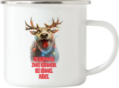 Produktbild von Ein Glühwein Zwei Glühweih Glühwein-Becher Rentier Julklapp Geschenk Emaille Tasse Weihnachten