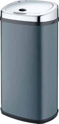 A studio shot of a gray automatic kitchen trash can with a silver lid.