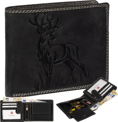 Produktbild von RFID Büffel Echt Leder Geldbörse Portemonnaie Herren mit geprägtem Motiv  Schwarz Querformat Hirsch