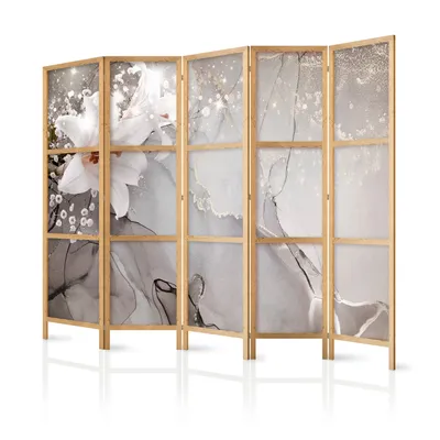 Produktbild von Paravent XXL 225x171 cm 5-teilig einseitig eleganter Sichtschutz Raumteiler Trennwand Raumtrenner Holz Design Motiv Deko Home Office Pflanzenmotiv Botanik Abstraktion Natur b-C-0744-bh-a