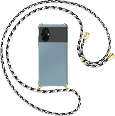 Produktbild von Handykette Backcover-Schutzhülle mit Band (Metall goldfarben) für Xiaomi Poco M5 (6.58'') - schwarz/grau/weiß