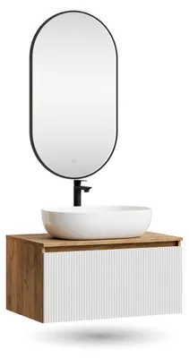 Produktbild von ARISA Badmöbel Set in Weiß Geriffelt – Mit "Glora" LED Spiegel und weißem Keramik-Aufsatzwaschbecken 60 cm
