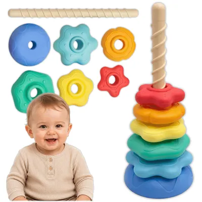 Produktbild von KRUMAD Stapelturm Kinder, Steckspiel mit Ringen, Lernspielzeug ab 3 Jahre, Montessori Stapelspiel, Farben & Formen lernen, Motorikspielzeug Baby