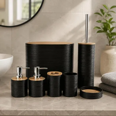 Produktbild von Badezimmer-Set 7-teilig, Bad-Accessoires mit Mülleimer, Toilettenbürste, 2 Seifenspendern, Zahnbürstenhalter, Zahnputzbecher, Seifenschale, schwarz